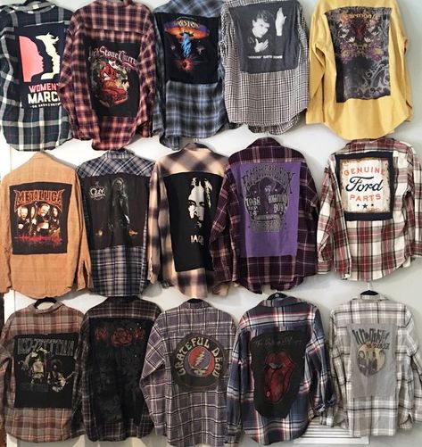 Handmade Aesthetic Clothes, Custom Grunge Clothes, Custom Flannel Shirts, Handmade Shirts Design, Grunge Costume Ideas, Styling Flannels, Punk Flannel, Flannel Shirt Refashion, Punk Fashion Diy