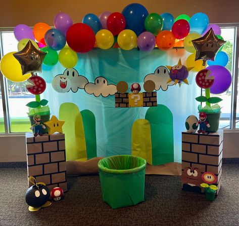 Super Mario Bros Photo Booth, Mario Kart Photo Booth, Super Mario Photo Booth, Mario Photo Booth, Mario Trunk Or Treat, Picture Booth, Mario Bros Birthday Party Ideas, Office Halloween Decorations, Saskatchewan Roughriders