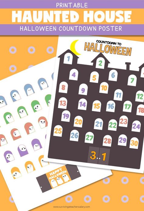 This Haunted House Halloween Countdown Calendar is PERFECT for practicing numbers and math in October! It's a great interactive kid's activity for learning. Halloween Advent Calendar home decor idea. #Halloween #math #learning #numbers #kids #printable #freeprintable Cute Halloween Food, Halloween Teaching, Halloween Calendar, Halloween Advent Calendar, Countdown To Halloween, Halloween Countdown Calendar, Halloween Bulletin Boards, Haunted House Halloween, Halloween Arts And Crafts