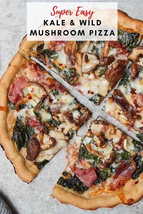 This Kale & Wild Mushroom Pizza is full of healthy vegetables like kale, wild mushrooms, and garlic. This recipe only takes 15 minutes to make from start to finish making it a perfect weeknight meal! #pizzarecipes #mushroompizza #weeknightmeals Wild Mushroom Pizza, Kale Mushroom, Kale Pizza, Fried Kale, Prosciutto Pizza, Weeknight Recipes, Mushroom Pizza, Cooking Pizza, Healthy Comfort