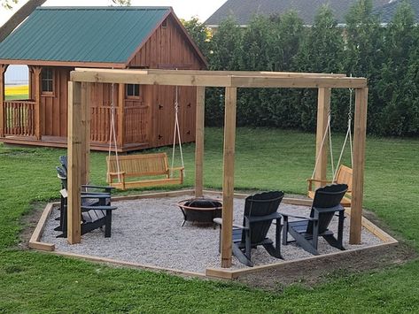 Porch Swings Around Fire Pit, Outside Fire Pit With Swings, Firepits Backyard With Swings, Diy Fire Pit Pergola, Outdoor Fireplace With Swings, Bonfire Swings Fire Pits, Firepits With Swings, Octogon Swings Around Fire Pit, Fire Pit Pergola Outdoor Spaces