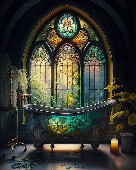 Stained Glass Bathtub, Stained Glass Bathroom, Gothic Luxury, Glass Bathtub, Gothic Bathroom, Storybook Homes, Fantasy Furniture, W.i.t.c.h Aesthetic, Fantasy Rooms