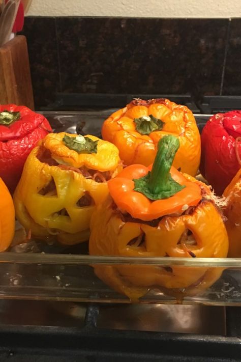 Bolognese Stuffed Bell Peppers | "Big hit. I added shredded zuchinni and replaced celery with onion. I also used ground turkey instead of ground beef. Great way to serve vegtables!" #halloween #halloweenrecipes #allrecipes Bell Pepper Recipes, Halloween Dinner, Halloween Snacks, Halloween Food, Peppers Recipes, Food Is Fuel, Halloween Recipes, Bell Peppers, Ground Turkey