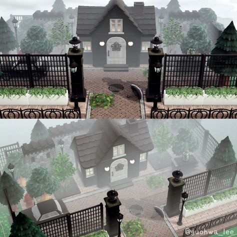 Acnh Black House Exterior Ideas, Acnh Creepy House, Gothic House Animal Crossing, Acnh Witchcore House, Gothic Acnh House, Acnh Scary House, Acnh Island Inspirations Goth, Acnh Halloween Entrance Ideas, Goth Villagers Acnh