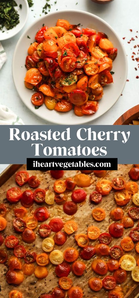 These roasted cherry tomatoes are caramelized, juicy, and packed with flavor. Pair them with your favorite pasta, add them to a toasted baguette, toss them in a salad, or enjoy them as a simple side dish! Garlic Bread Bites, Oven Roasted Cherry Tomatoes, Stuffed Garlic Bread, Easy Healthy Vegetarian Recipes, Roasted Grape Tomatoes, Snack To Share, Bread Bites, Simple Vegetarian Recipes, Crispy Oven Fries