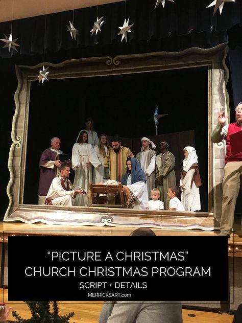 "Picture A Christmas" Church Christmas Program Details + Script - Merrick's Art Christmas Ward Party, Lds Christmas, Church Christmas Party, Ward Christmas Party, Merricks Art, Church Christmas Decorations, Christ Centered Christmas, Relief Society Activities, Christmas Program