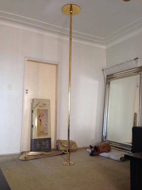 Bedroom Pole Dance, Strip Pole In Bedroom, Pole At Home Ideas, Aesthetic Pole Dancing Room, Pole In Room Aesthetic, Pole Bedroom Ideas, Pole In Bedroom Aesthetic, At Home Pole Dance Room, Dance Room At Home