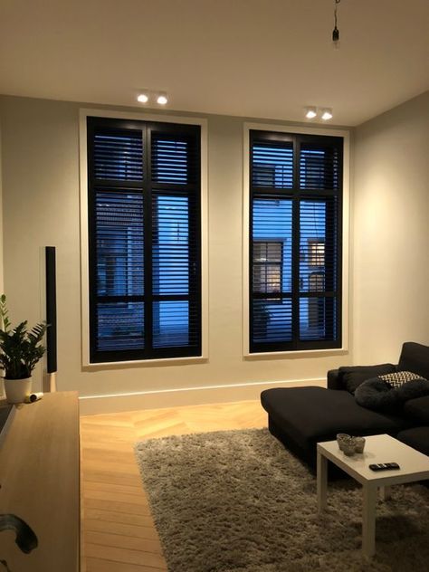 Shutter Blinds Living Room, Home Decor Ideas Living Room Apartment, Black Shutters, Elegant Living Room, Dream Apartment, House Inspo, Living Room Inspiration, Small Apartments, Living Design