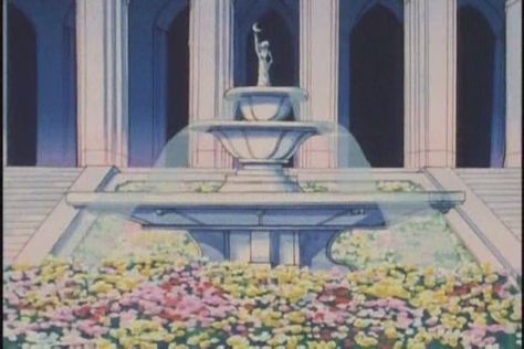 Fountain & garden of the Moon Kingdom from "Sailor Moon" series by manga artist Naoko Takeuchi. Acnh Sailor Moon, Moon Acnh, Sailor Moon Scenery, Anime Activities, Kingdom Minecraft, Moon Architecture, Sailor Moon Screenshots, Cycle Of The Moon, Moon Scenery