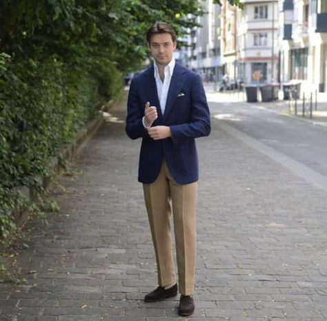 Cream Suit Jacket Navy Pants Men, Navy Shirt Beige Pants Men, Navy Blazer Tan Pants Men, Blue Suit Jacket Beige Pants Men, Navy Blazer Outfits Men, Tailored Elegant Semi-formal Chinos, Classic Beige Semi-formal Suits, Acute Style, Men Work Outfits