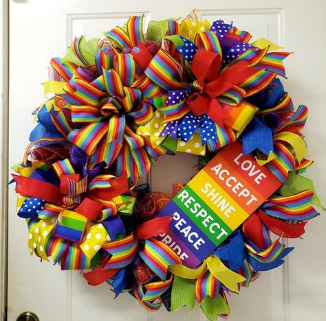 Rainbow Wreaths, Pride Door Decorating, Pride Month Decor, Pride Welcome Sign, Pride Wreath, Pride Wreath Front Doors, Rainbow Mesh Wreath, Rainbow Ornaments, Rainbow Sign