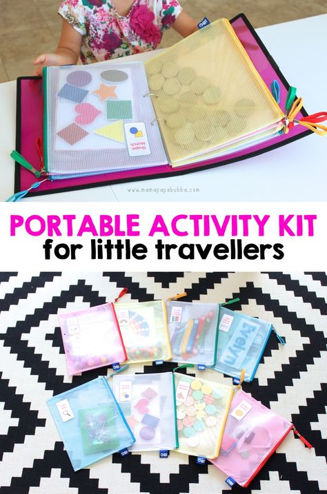 Such a creative and organized idea! This will be great on our cross country road trip. Portable Activity Kit for Little Travellers | Mama Papa Bubba Car Activities, Road Trip Activities, Busy Boxes, Quiet Activities, Busy Bags, Toddler Travel, Activity Kits, Busy Toddler, Toddler Fun