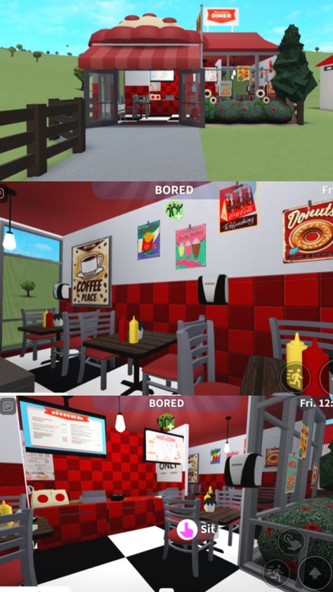 It’s a downtown diner Bloxburg Diner, Diner Ideas, House Decorating Ideas Apartments, Coffee Places, Pink Nails, Backyard Landscaping, Diner, House Design, Design