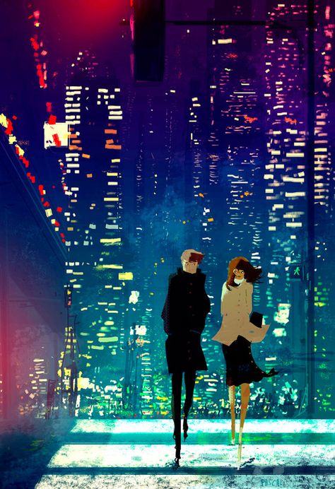 The Art Of Animation, Pascal Campion Pascal Campion, Modern Metropolis, Art And Illustration, Two People, Art Plastique, Cute Illustration, Animation Art, Amazing Art, At Night