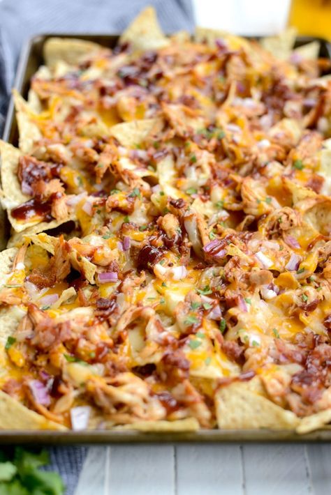 Sheet Pan BBQ Chicken Nachos - Simply Scratch Chicken Nachos Sheet Pan, Sweet Potato Pulled Pork, Nachos Sheet Pan, Sheet Pan Bbq Chicken, Pan Bbq Chicken, Nachos Loaded, Bbq Chicken Nachos, Chicken Nachos Recipe, Pulled Pork Nachos