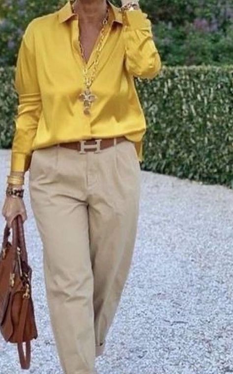 Yellow And Khaki Outfit, Yellow Top Outfit, Breezy Outfit, Stylish Outfits For Women Over 50, Yellow Blazer, Over 60 Fashion, Yellow Pants, Everyday Fashion Outfits, Yellow Outfit