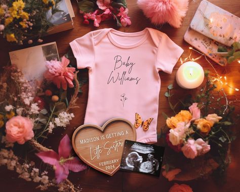 Little Sister Pregnancy Announcement, Baby Girl Announcement, Pink Girly Gender Reveal, Magical Flowers Social Media, Second Baby Sister Girl Announcement Ideas, Girl Pregnancy Announcement, Sister Pregnancy Announcement, Fall Baby Announcement, Magical Flowers, Gender Announcements, Its A Girl Announcement, Digital Announcement