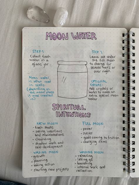 Moon Water Phases, How To Do Moon Water, Moon Phases Journal, Astrology Journal Aesthetic, Journal Ideas Spiritual, Spiritual Notes For Beginners, Moon Water Intentions, Spiritual Notes Journal, Moon Water How To Make