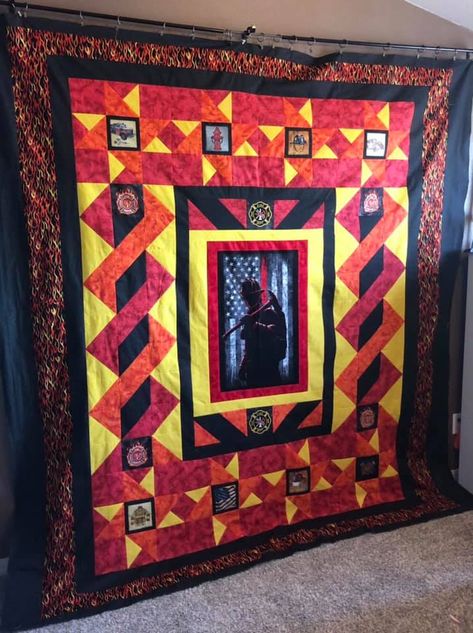 Fireman Quilt Panel Ideas, Fire Fighter Quilt Patterns, Fireman Quilt Ideas, Firefighter Quilt, Fireman Quilt, Firefighter Party, Quilt Sewing Patterns, College T Shirts, Quilt Guild