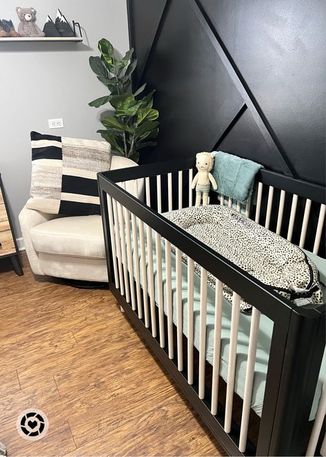 Black And Wood Crib, Black Furniture Nursery Boy, Black Accent Wall Nursery Boy, Nursery Accent Wall Wood, Boy Nursery Black Crib, Nursery Black Crib, Black Crib Nursery, Accent Wall Nursery, Black Crib