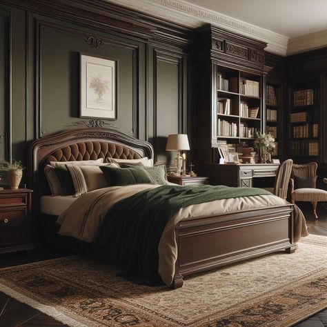 Old Mansions Interior Bedroom, Old Money Bedroom Ideas, Dark Olive Bedroom, Old Money Room Aesthetic, Old Money Bedroom Aesthetic, Royal Luxury Bedroom Design, Old Money Bedroom, Luxurious Guest Bedroom, Versace Furniture