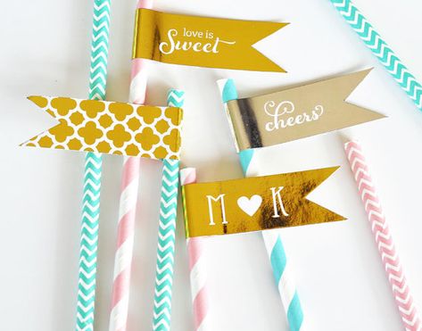 Personalized Metallic Foil Flag Labels set of 24 by NspireDesign Mod Party, Birthday Straws, Gold Baby Shower Decorations, Wedding Straws, Gold Straws, Gold Drinks, Straw Flags, Gold Wedding Decorations, Foil Label