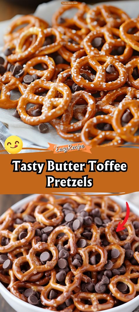 Savor the crunch and sweetness of Butter Toffee Pretzels. These pretzels are coated in a glossy, buttery toffee and a sprinkle of sea salt, combining salty and sweet in every bite. Ideal for snacking during movie nights or as a unique addition to holiday treat platters. #ButterToffee #SaltySweet #PretzelSnacks Baking With Pretzels, Pretzels And Chocolate Recipes, Toffee Covered Pretzels, What To Do With Pretzels, Toffee Pretzel Recipe, Butter Toffee Pretzels Recipe, Mini Pretzels Recipes, Pretzel Toffee Recipe, Sweet Pretzels