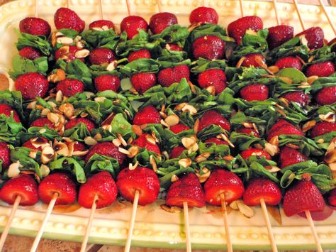 Strawberry-Spinach Salad on a Stick by lizskitchen: You can prepare the sticks ahead of time, put them in the fridge and just before serving, drizzle with the honey/balsamic dressing and sliced almonds. #Salad #Stick #Strawberry #Spinach Salad On A Stick, Honey Balsamic Dressing, Strawberry Spinach Salad, Strawberry Spinach, Spinach Strawberry Salad, Honey Balsamic, Balsamic Dressing, On A Stick, Spinach Salad