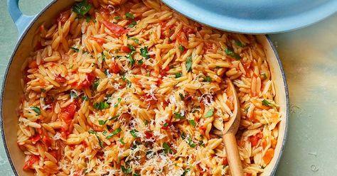 One-pot tomato orzo Tomato Orzo, Orzo Dishes, Orzo Recipe, Orzo Recipes, Bbc Good Food, Orzo Pasta, Bbc Good Food Recipes, Food Shows, Tomato Recipes