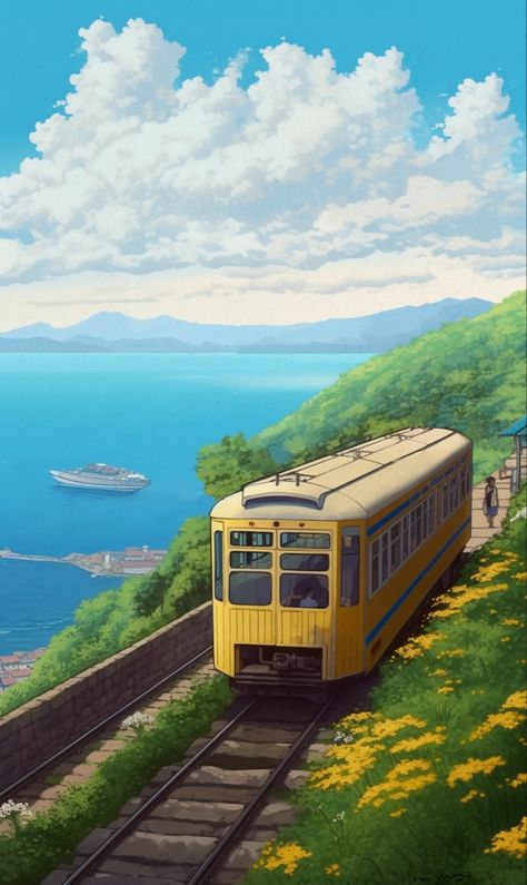 Ghibli Train Scene, Anime Countryside Aesthetic, Anime Countryside Wallpaper, Studio Ghibli Train, Studio Ghibli Town, Aesthetic Studio Ghibli Scenes, Studio Ghibli Art Landscape, Ghibli Train, Anime Countryside