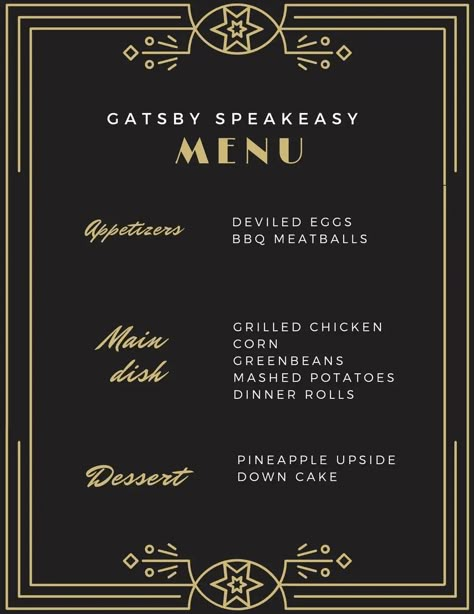 1920s Themed Food, Roaring 20s Menu Food Ideas, Great Gatsby Menu Ideas, 20s Themed Party, Dti Theme 1920s/roaring Twenties, Roaring 20s Party Invitation Template, Sweeteasy Gatsby Party, Harlem Nights Theme Party, Harlem Nights Party