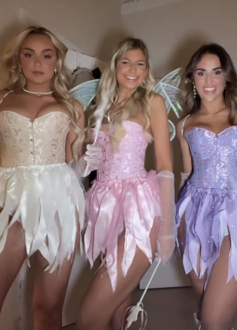 halloween outfit trendy cute inspo inspiration aesthetic fashion spooky sexy fairy purple pink Trio Fairy Costumes, Sparkly Fairy Costume, Woman Fairy Costume, Cute Fairy Costumes, Fairy Group Costume, Fairy Costume Outfit, Fairy Halloween Costumes For Women, Pink Fairy Halloween, Rosetta Fairy Costume