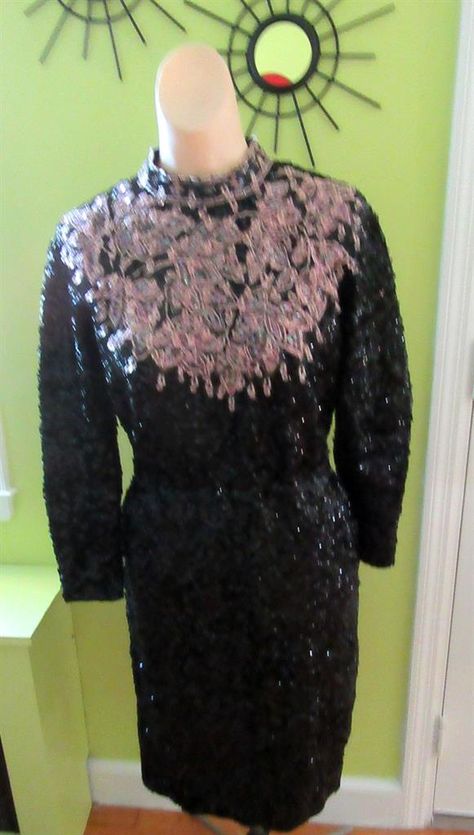 Moonlight Martini - 1960's Gene Shelly Full Sequined and Beaded Black and Pink Dress Vintage Clothing 1960’s Fashion, 1950’s Fashion, Black And Pink Dress, Vintage Clothing Stores, Drop Beads, Wool Dress, Black And Pink, Pink Glass, Dress Vintage