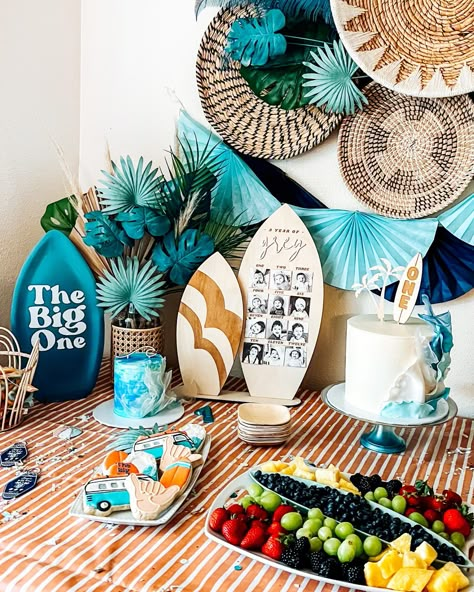 The Big One Wave Birthday Theme, Surfs Up Party Food, Surfer Birthday Cookies, Surf Theme Party Decorations, The Big One Table Decorations, Surf Party Decor, Surf Theme Centerpieces, Aloha First Birthday Party, The Big One Birthday Party Surf