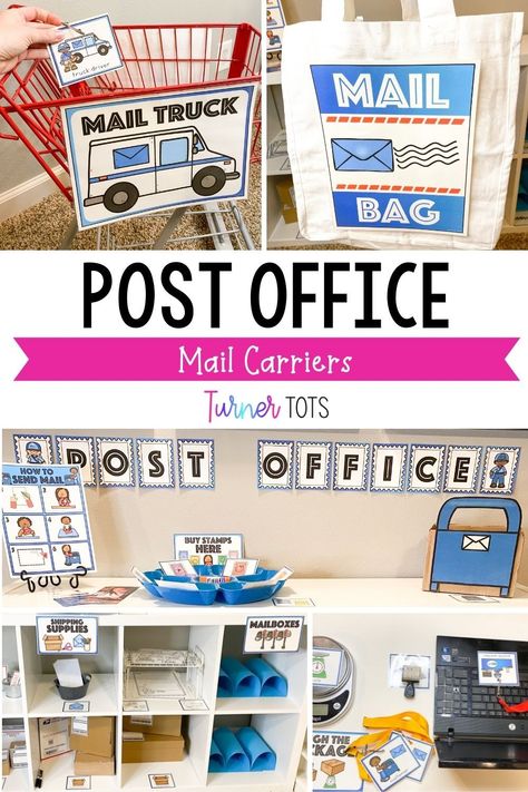 Mailbox Center, Mail Dramatic Play, Office Dramatic Play, Postal Service Preschool Activities, Pre K Dramatic Play Ideas, Mailman Activities Preschool, Mailbox Activities Preschool, Mail Pretend Play, Mail Activities Preschool