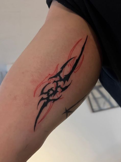 Black And Red Tatooes, Small Black And Red Tattoo, Red Cybersigilism Tattoo, Cyberpunk Edgerunners Tattoo, Red Tattoo Men, Red And Black Tattoo Ideas, Red And Black Tattoos, Underarm Tattoo, Side Neck Tattoo