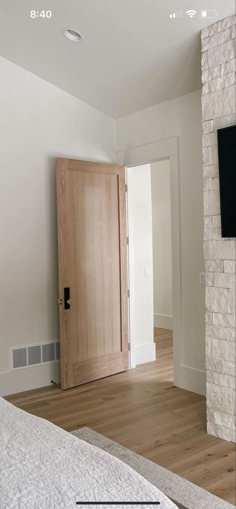 Light Interior Doors, Light Stained Doors, Unfinished Wood Doors Interior, Light Stained Interior Doors, Modern House Trim Ideas Interior, Light Oak Interior Doors, Stained Trim With White Doors, Low Ceiling Door Ideas, Wooden Doors White Trim