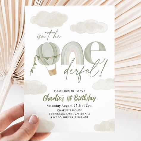 $3.08 | Onederful Hot Air Balloon Sage Boy 1st Birthday | Popular 1st Birthday Invitations | boy 1st birthday invitation, 1st birthday party invitation boy, boy birthday invitation, isn't he onederful, onederful 1st birthday, hot air balloon invitation, onederful 1st birthday boy, onederful hot air balloon rainbow, sage 1st birthday invitaiton, sage green birthday invitation Isnt He Onederful, Green 1st Birthday Party, Sage First Birthday, Sage Theme Party, First Birthday Theme For Boys, Sage Green First Birthday, Baby Boy Birthday Themes First, Onederful Birthday Party Boy, One Year Boy Birthday Theme