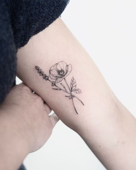 ~ 𝑴𝑨𝑹𝑰𝑬-𝑺𝑶𝑷𝑯𝑰𝑬 ~ on Instagram: “Poppy flower and lavender ✨🌸 • 📸 @bastishowsbest • • • #tattoo #tattooart #tattooideas #smalltattoo #daintytattoo #fineline #finelinetattoo…” Violets And Lavender Tattoo, Larkspur And Poppy Flower Tattoo, Poppy And Violet Flower Tattoo, Lavender And Poppy Tattoo, Violet And Lavender Tattoo, Larkspur And Poppy Tattoo, Fine Line Lavender Tattoo, Sapphic Tattoo Ideas, Sapphic Tattoo