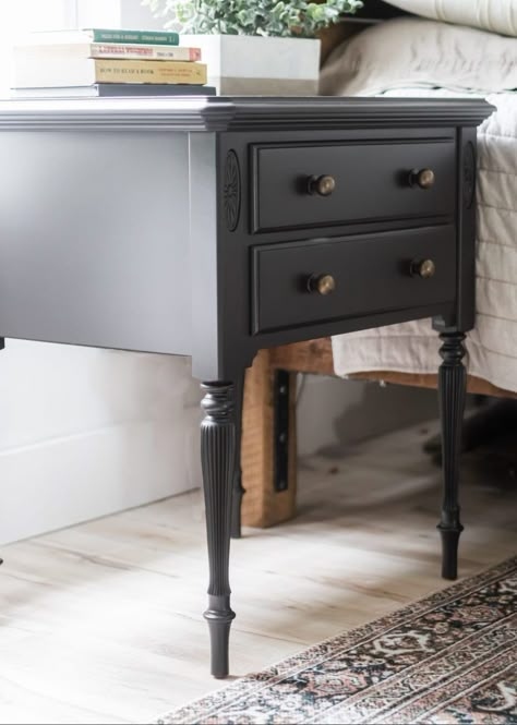 Windows Behind Nightstands, Diy Anthropologie Mirror, Black Nightstand Bedroom, Anthropologie Primrose Mirror, Old Bathroom Vanity, Refinished Nightstand, Dark Wood Bed, Nightstand Ideas, Nightstand Makeover