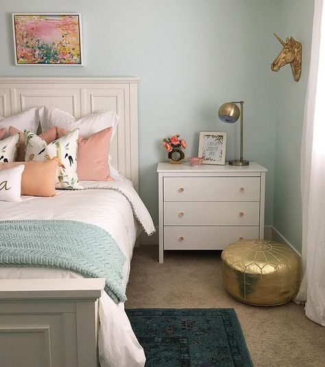 ️WALL color is Embellished Blue by Sherwin Williams mixed at 50% Girls Bedroom Paint, White Bed, Bedroom Paint Colors, Big Girl Rooms, Bedroom Paint, Blue Bedroom, Remodel Bedroom