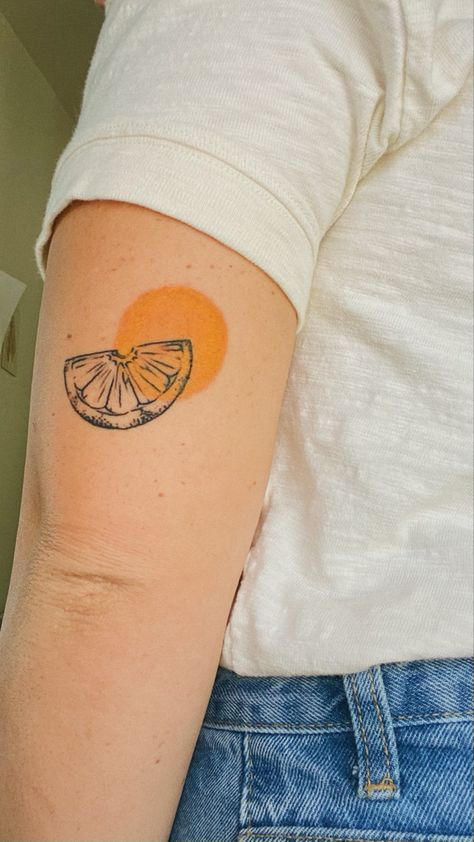 Single Color Tattoo, Orange Slice Tattoo Color, Red Orange Tattoo, Citrus Fruit Tattoo, Tangerine Tattoo Black And White, Half An Orange Tattoo, The Orange Poem Tattoo, Orange Slice Tattoo Traditional, Orange Half Tattoo