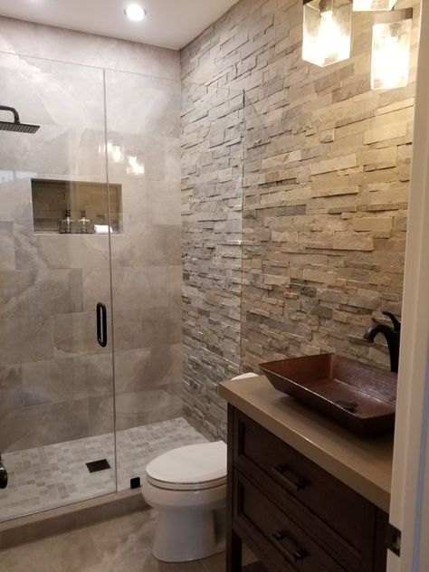 Ledger stone shower wall Ledger Stone Bathroom, Bathroom Stone Wall Ideas, Ledger Stone Shower Wall, Stacked Stone In Bathroom, Stone Wall Tiles Bathroom, Small Stone Shower Ideas, Stone Wall Bathroom Master Bath, White Stone Bathroom Ideas, Stone Wall Bathroom Ideas