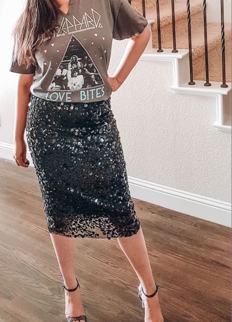 Concert outfit idea: casual graphic tee elevated with a sequin skirt and sparkly heels. Follow my shop @KeepingitMille on the @shop.LTK app to shop this post and get my exclusive app-only content! #liketkit #LTKunder100 #LTKcurves #LTKstyletip @shop.ltk Sparkly Heels, Mommy Life, Def Leppard, Concert Tees, Style Profile, Outfit Idea, Concert Outfit, Sequin Skirt, Graphic Tee