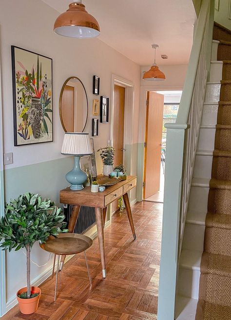 Eclectic Hallway Decor, Colourful Panelling, Hall Stairs And Landing Decor Paint Colors, Bright Hallways, Vibrant Hallway, Maximalist Hallway, Bright Hallway Ideas, Eclectic Foyer, Hall Stairs And Landing Decor