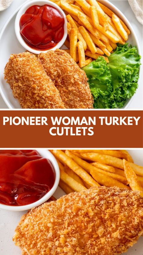 Pioneer Woman Turkey Cutlets is made with turkey breast cutlets, large egg whites, seasoned breadcrumbs, Parmesan cheese, kosher salt, fresh pepper, and a hint of olive oil and butter, creating a savory dish perfect for any occasion that is ready in just 25 minutes! Pioneer Woman Turkey, Turkey Breast Cutlets, Turkey Cutlet Recipes, Pioneer Kitchen, Turkey Cutlets, Cutlets Recipes, Turkey Cheese, Cooking Turkey, Turkey Breast