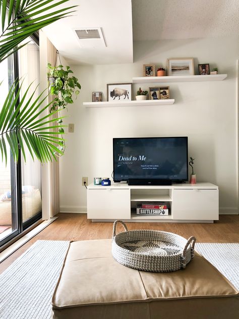 Shelves Over Tv Ideas Living Rooms, Floating Shelves Living Room Above Tv, Lack Shelves Living Room, Tv Wall Ideas Floating Shelves, Tv Wall Plants, White Floating Shelves Living Room, Floating Shelf Tv Wall White, White Wall Tv Table, White Floating Tv Shelf