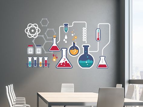 Wall Stickers For School, Stem Classroom Decor, Science Bedroom, Science Lab Decorations, Science Wall Art, Science Wall, Boys Room Wall Decor, Wall Art Classroom, Chemical Science