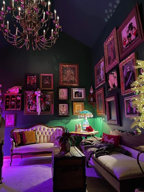 Neon Library, Electric Maximalist, Maximalist Bar, Whimsigothic Decor, Rock Room, Witchy House, Eccentric Decor, Colourful Decor, Drum Room