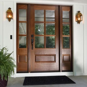 3/4 Light Front Door, Home Depot Front Entry Doors, Full Lite Front Door, Stained Mahogany Front Door, Wood Door With Sidelights, Single Front Doors With Glass Panels, Door Design Front Entry, Fiberglass Front Door With Sidelights, Wood Front Doors With Glass Panels